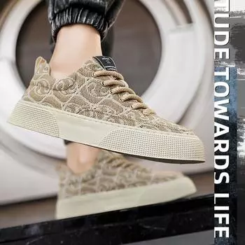 Мужские туфли из парусины с низким верхом, лето 2025, новинка, нишевая обувь с низким верхом, напечатанная на доске, мужская обувь на толстой подошве для спорта и отдыха, модная обувь 39 чёрный