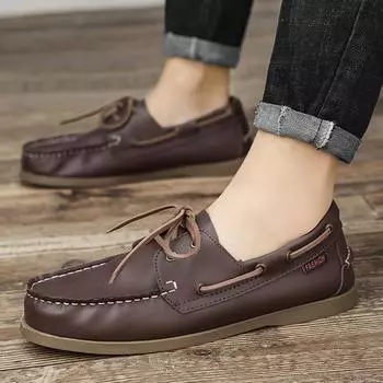 Мужские туфли-лодочки с двумя люверсами, пенни-лоферы, повседневные мокасины для прогулок и вождения 39 коричневый