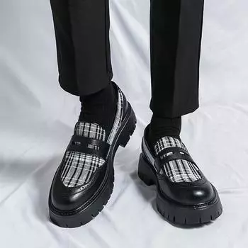 Мужские туфли-лоферы с криперами, увеличивающие рост, в клетку, на толстой подошве, с увеличенным ростом, на платформе, большие размеры EU: 38 чёрный