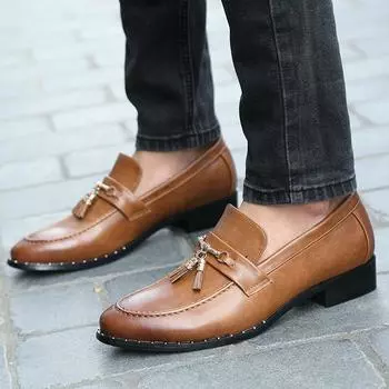 Мужские туфли-лоферы с заостренным носком, деловые кожаные туфли, мужские туфли с кисточками, смокинг, свадебные блейзеры, туфли-седла для мужчин EU:38 чёрный