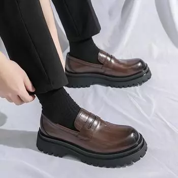 Мужские туфли-лоферы, увеличивающие рост, классические кожаные туфли на толстой подошве с криперами на платформе EU: 38 чёрный