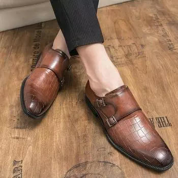 Мужские туфли на каждый день в деловом стиле из искусственной кожи на низком каблуке с пряжкой на ремне в британском стиле, классические модные туфли для мужчин Zapatos 6.5 чёрный