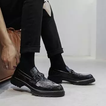 Мужские туфли с крокодиловым узором, кожаные туфли из натуральной кожи, мужские трендовые повседневные туфли в деловом британском стиле One Pedal 52006-T 38 чёрный