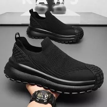 Мужские туфли с одной педалью 2025 года, новые летние сетчатые дышащие сетчатые туфли с плетеной сеткой, повседневные спортивные туфли на толстой подошве черного цвета для папы 39