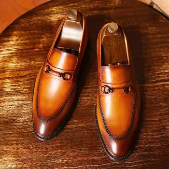Мужские туфли с одной педалью, кожаные туфли, мужские туфли с металлической пряжкой, отполированные вручную туфли, первый слой коровьей кожи 40 коричневый