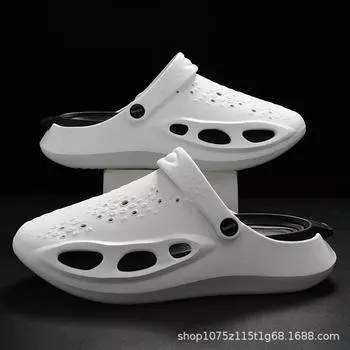 Мужские туфли с отверстиями, новая летняя обувь, толстая подошва, закрытый носок, полушлепки, мягкая подошва, нескользящие, износостойкие, пляжные, повседневные, крутые шлепанцы 40-41 белый