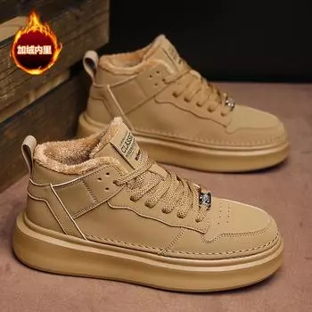 Мужские туфли с высоким берцем 2024 года, зимние новые маленькие белые туфли, мужская корейская версия, трендовые бархатные модные туфли на платформе высокого класса 39 чёрный