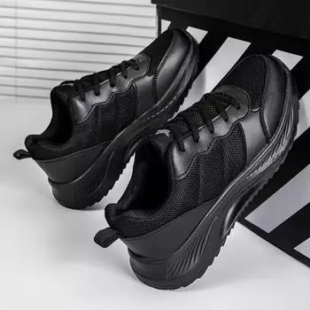 Мужские туфли, спортивная обувь, сетчатая поверхность, дышащие, легкие, мягкая подошва, для бега, отдыха и путешествий, полностью черные, большого размера, толстая подошва, липкие к холоду. 38 чёрный