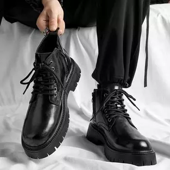 Мужские туфли в итальянском стиле в уличном стиле с высоким верхом на платформе и толстой подошвой из кожи для мужчин, деловые, модные, свадебные, кожаные туфли 38 чёрный