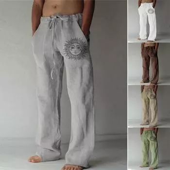 Мужские удобные брюки из льна и хлопка. Мужские повседневные свободные брюки с эластичной резинкой на талии. S белый
