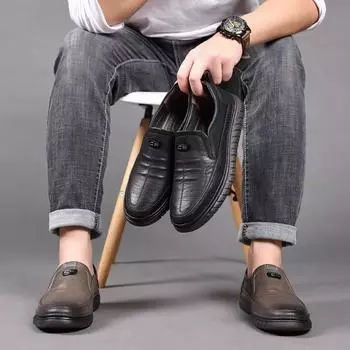 Мужские удобные, модные, нескользящие, дышащие повседневные кожаные туфли 44 чёрный