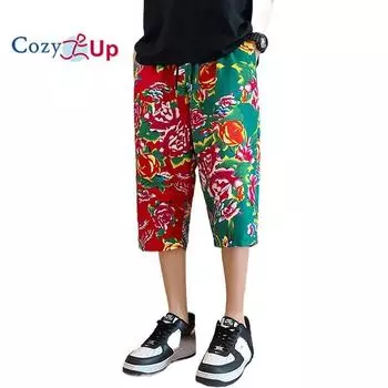 Мужские укороченные брюки больших размеров с цветочным принтом Cozy Up, повседневные спортивные брюки большого размера с этническими особенностями M чёрный