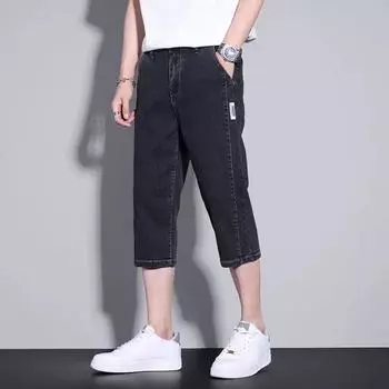 Мужские укороченные джинсы, прямые брюки, однотонные джинсовые брюки до середины икры на молнии, летние тонкие укороченные брюки на пуговицах M светло-синий