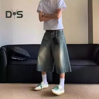 Мужские укороченные джинсы, широкие джинсовые брюки со средней посадкой и карманами, застежка-молния на пуговицах, потертые джинсы до середины икры в стиле ретро M синий