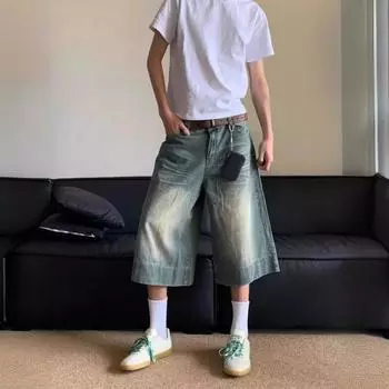 Мужские укороченные джинсы, широкие джинсовые брюки со средней посадкой и карманами, застежка-молния на пуговицах, потертые джинсы до середины икры в стиле ретро S синий