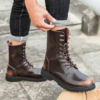 Мужские уличные байкерские ботинки, высокие повседневные ретро-ботинки для мужчин, большие размеры EU:45 коричневый