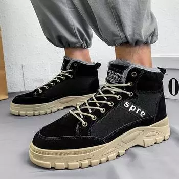 Мужские уличные ботинки цвета хаки, кроссовки для бега в уличном стиле, черные высокие походные ботинки в стиле ретро, зимние ботильоны с мехом, большие размеры EU: 39 чёрный