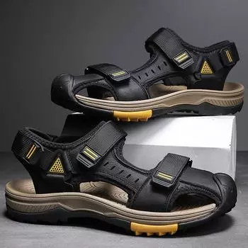Мужские уличные кожаные пляжные сандалии большого размера с верхним слоем, летние повседневные мужские пляжные туфли для отдыха, модные уличные нескользящие пляжные сандалии 38 чёрный