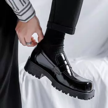 Мужские уличные лоферы в Корейском стиле в стиле Харадзюку, деловые повседневные кожаные свадебные лоферы на толстой платформе, мужская кожаная обувь, мужская обувь 38 чёрный
