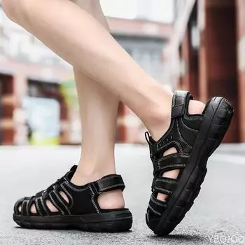 Мужские уличные треккинговые сандалии, летние нескользящие быстросохнущие пляжные туфли на плоской подошве для предотвращения столкновений, походные туфли из искусственной кожи, брендовый размер 46 39 чёрный
