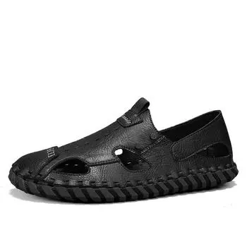 Мужские уличные туфли на плоской подошве в британском стиле с подошвой ручной работы, походные туфли для отдыха, сандалии для мужчин с выемками, мягкие подошвы, удобные 39 чёрный