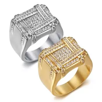Мужские уличные ювелирные изделия в стиле хип-хоп, модное квадратное кольцо из нержавеющей стали с позолотой и бриллиантами и цирконием для мужчин 7