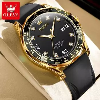 Мужские универсальные и модные наручные часы с бриллиантами, водонепроницаемые, с календарем и светящимся циферблатом, мужские деловые кварцевые часы с силиконовым ремешком золотой/чёрный