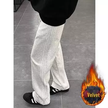 Мужские утолщенные бархатные спортивные брюки широкого кроя - американский стиль, повседневный стиль осень/зима L