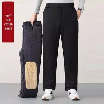 Мужские утолщенные хлопковые зимние брюки — повседневные и теплые для пап среднего и пожилого возраста 3XL (Waist 25-26 inches) синий