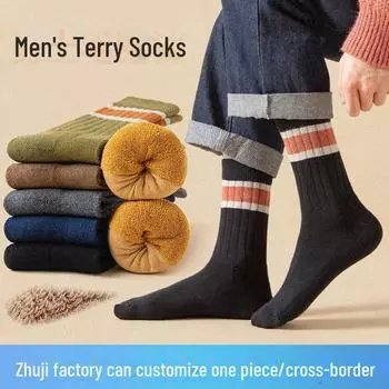 Мужские утолщенные зимние носки средней длины - теплые бархатные полосатые носки для осени и зимы One Size