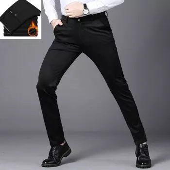 Мужские утолщенные зимние теплые деловые брюки больших размеров, деловые повседневные длинные брюки 40 чёрный