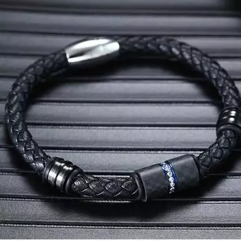 Мужские ювелирные изделия из нержавеющей стали, европейский браслет из плетеной воловьей кожи с цирконием и углеродным волокном, магнитная застежка 21.5cm
