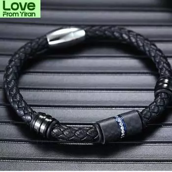 Мужские ювелирные изделия из нержавеющей стали с европейским цирконием, углеродным волокном, плетением из коровьей кожи, магнитной застежкой, браслет 21.5cm