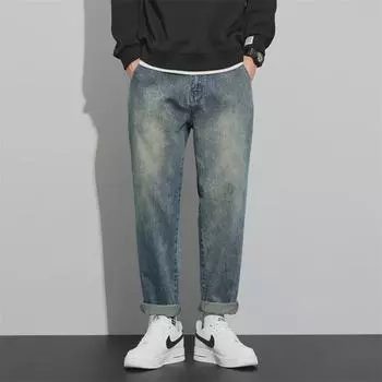 Мужские узкие прямые джинсы в винтажном стиле: Модные, универсальные и слегка зауженные брюки для молодежного стиля 33 (26 inches) 150 lbs