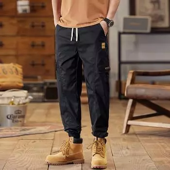 Мужские узкие прямые рабочие брюки со средней посадкой и завязками на шнурке — корейский стиль, удобные, большого размера, модные, универсальные. XL (70 kg)
