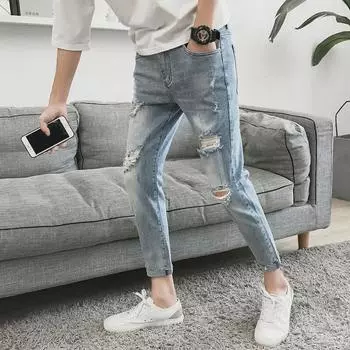 Мужские узкие свободные рваные джинсы в корейском стиле - Trendy Beggar Pants (9-Point, Slim, весна/лето) 27 светло-синий