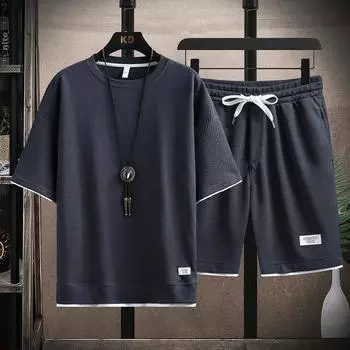 Мужские вафельные летние комплекты, повседневная футболка + шорты, мужской спортивный костюм, однотонный спортивный костюм, свободные костюмы 5XL белый