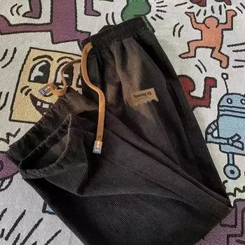 Мужские вельветовые брюки, новые однотонные прямые брюки, спортивные повседневные брюки, уличные мужские широкие брюки с отворотами M чёрный