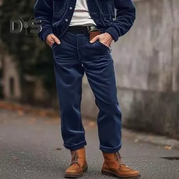 Мужские вельветовые брюки с карманами, застежкой-молнией на пуговицы, однотонные, деловые, свободные, со средней талией, повседневные, для отдыха на открытом воздухе L синий