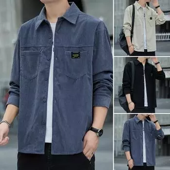 Мужские вельветовые рубашки повседневные с лацканами и длинными рукавами винтажные осенние мужские топы Asian M чёрный