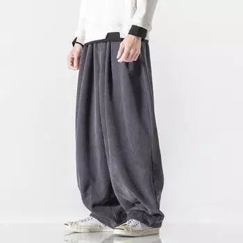 Мужские вельветовые шаровары большого размера: Удлиненные, в китайском стиле, однотонные, широкие, свободного покроя 3XL чёрный