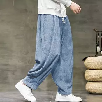 Мужские вельветовые свободные длинные шаровары с эластичной резинкой на талии S