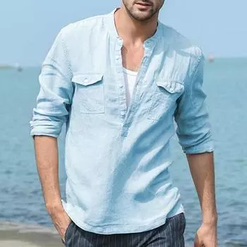 Мужские весенне-летние повседневные хлопковые льняные однотонные рубашки с длинными рукавами и карманами, свободные рубашки с воротником-стойкой XXXL белый