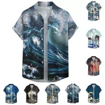 Мужские весенне-летние повседневные мужские рубашки с волнистым принтом и гавайскими лацканами с короткими рукавами, пляжные рубашки, мужские топы XXL