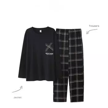 Мужские весенне-осенние брюки из чистого хлопка с длинными рукавами, пижамы, корейская версия, модный комплект домашней одежды больших размеров, большие размеры L фиолетовый