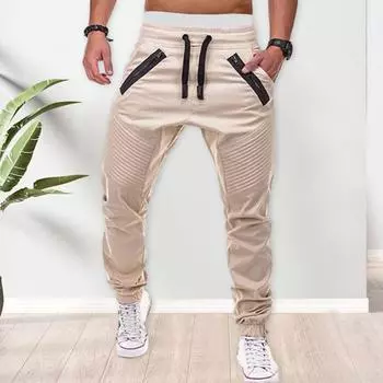 Мужские весенне-осенние брюки с карманами, эластичная резинка на талии и шнурком, однотонные повседневные брюки стандартной посадки L хаки