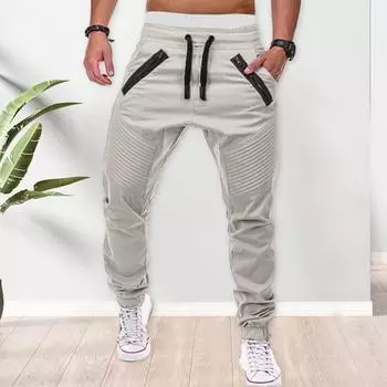 Мужские весенне-осенние брюки с карманами, эластичная резинка на талии и шнурком, однотонные повседневные брюки стандартной посадки M хаки