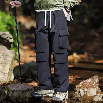 Мужские весенне-осенние новые американские уличные штурмовые брюки, свободные брюки-карго для отдыха со сборками M чёрный