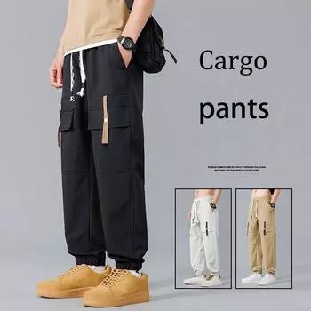 Мужские весенне-осенние новые американские уличные штурмовые брюки, свободные брюки-карго для отдыха со сборками M чёрный