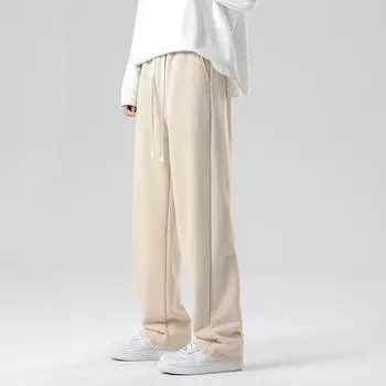 Мужские весенне-осенние повседневные прямые брюки с вертикальными вертикальными однотонными широкими брюками, зимние толстые длинные брюки из хлопка и флиса M чёрный